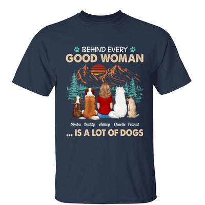 Behind Good Woman Is A Lot Of Dogs Back View Woman Sitting With Dogs Retro Pine Forest Personalized Shirt