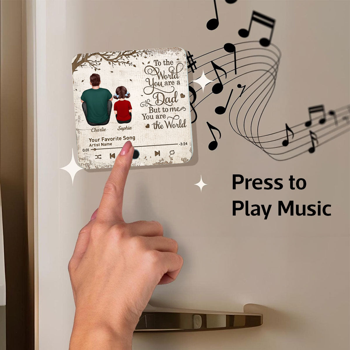Dad And Kids Dogs Cats Sitting Under Tree To The World You Are A Dad Personalized Personalized Music Fridge Magnet, Heartfelt Gift For Dad