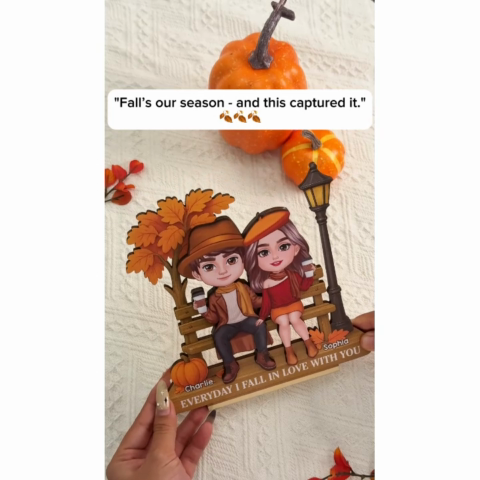 3D Effect Fall Season Couple Sitting On The Bench Personalized 2-Layer Standing Wooden Plaque