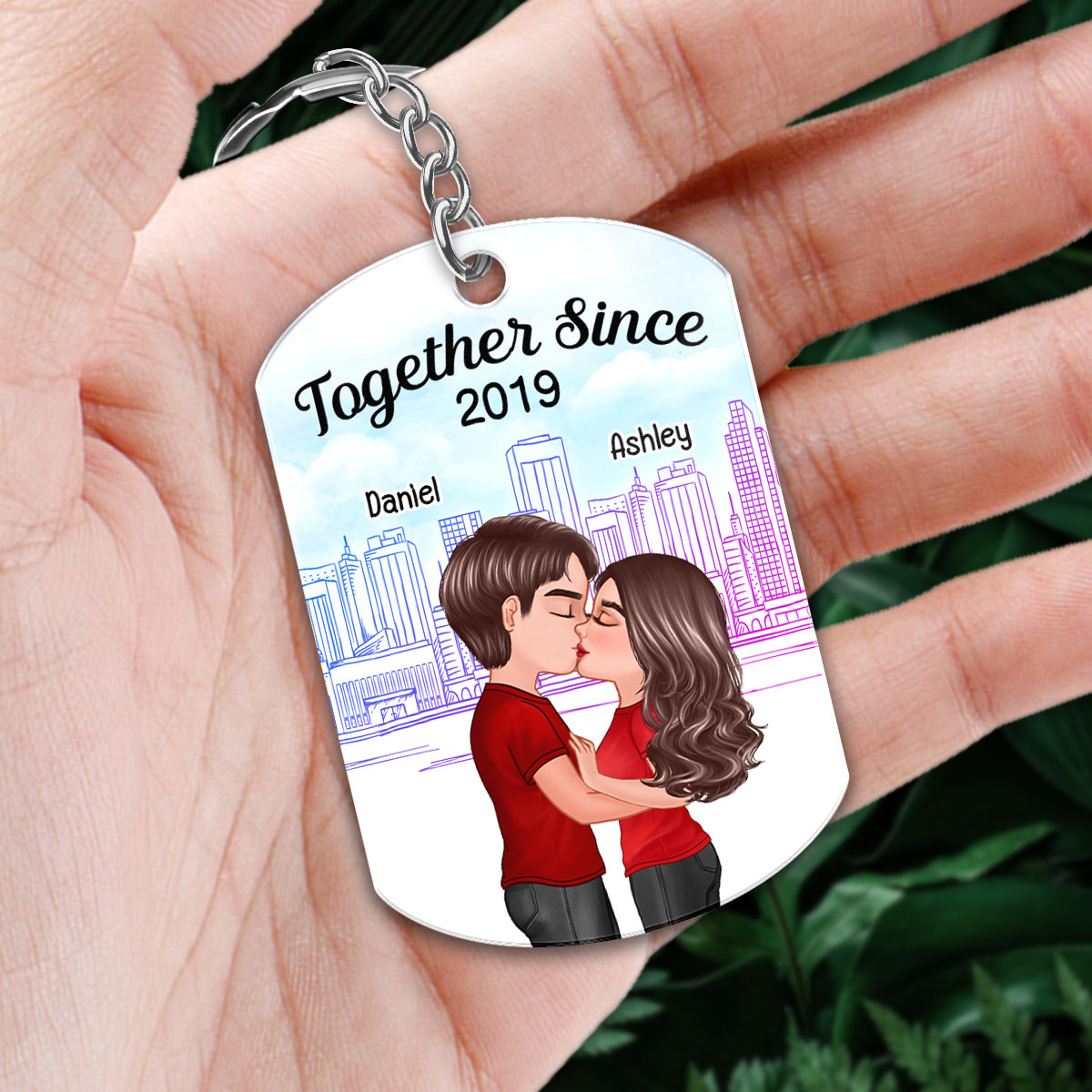Doll Couple Kissing City Sketch Favorite Song QR Code Personalized Acrylic Keychain
