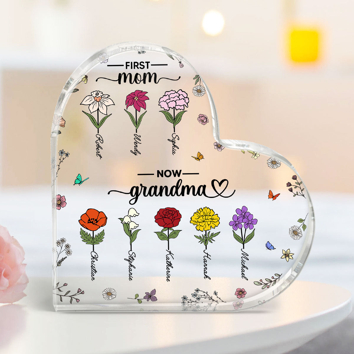 First Mom Now Grandma Birth Month Flower Personalized Acrylic Heart Plaque