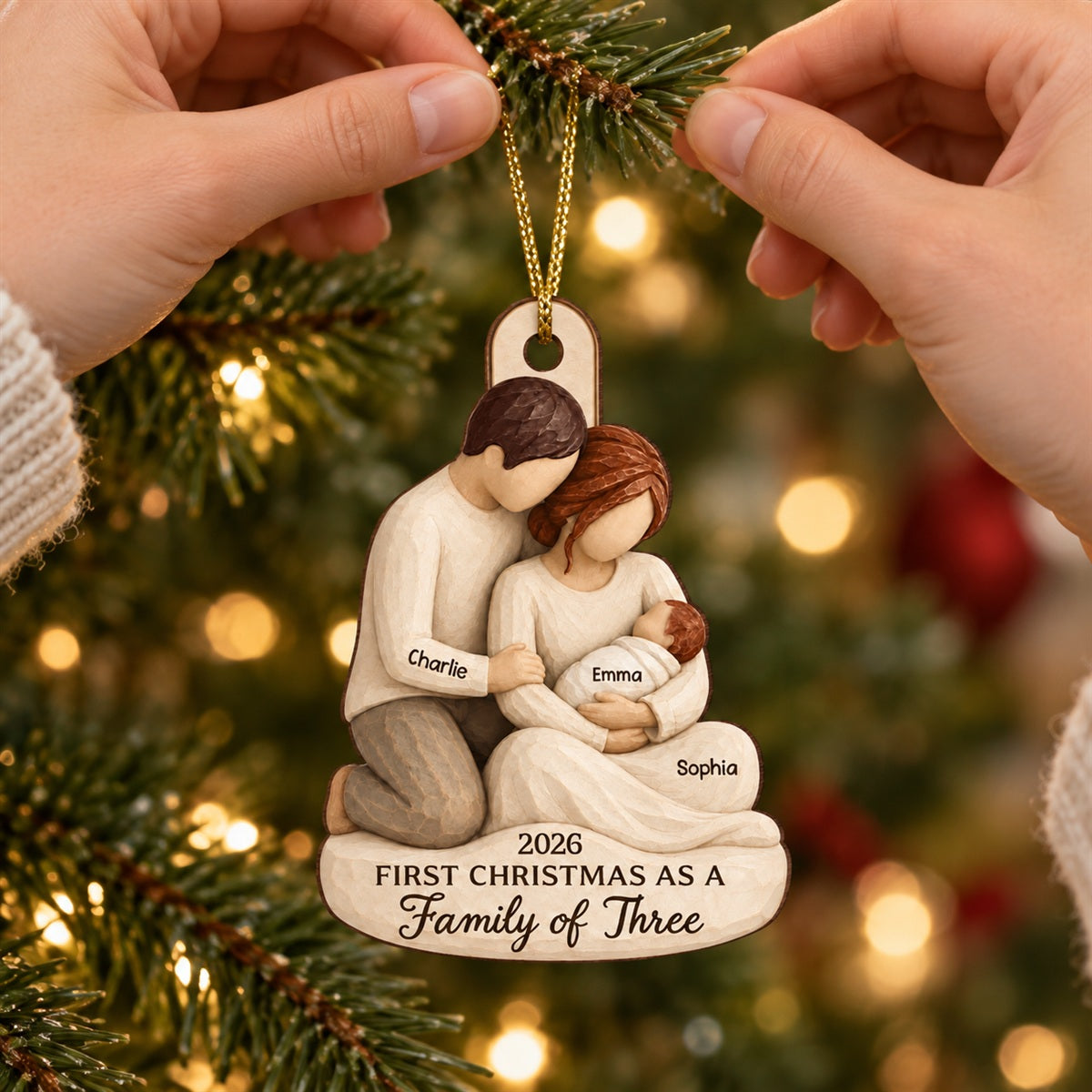 And Then There Were Three 2D Flat Printed - Personalized Wooden Ornament - First Christmas Keepsake For New Parents
