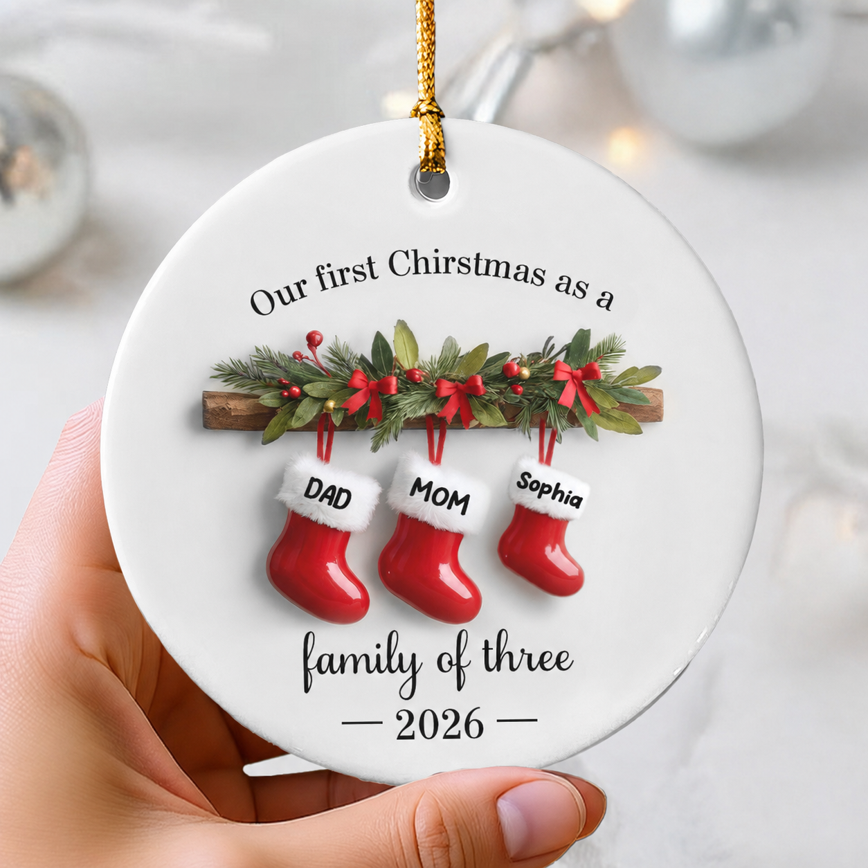 Family Christmas Stockings 3D Effect - Personalized Ceramic Ornament - Christmas Tree Decor For Family