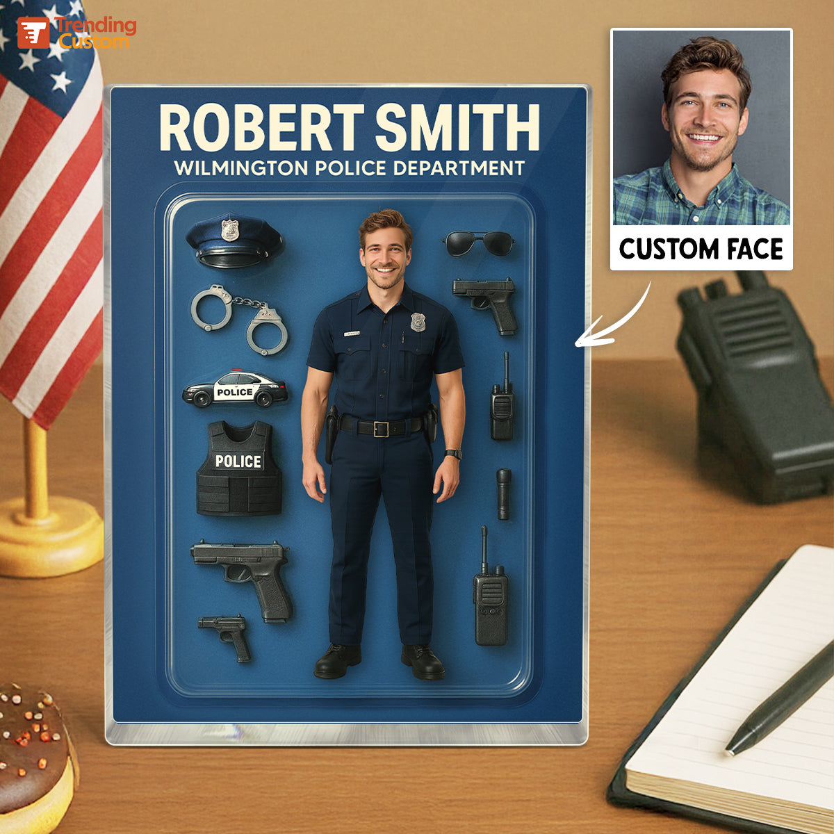 3D Effect Police Officer Custom Figure Personalized Rectangle Flat Acrylic Block Plaque, Unique Father's Day Gift For Police Officers, Dad, Husband [MALE version ONLY]