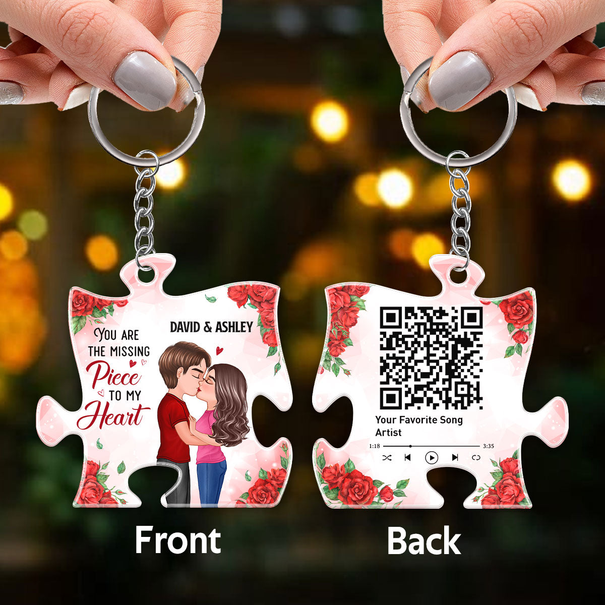 Rose Pattern Doll Couple Kissing Favorite Song Scannable QR Code Personalized Acrylic Keychain