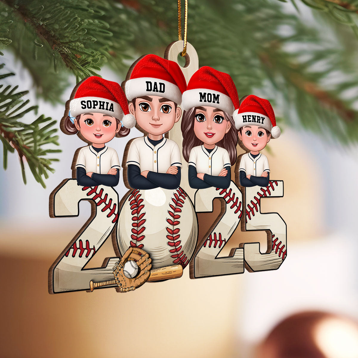 Retro Vintage Christmas Baseball Team Family - Personalized Wooden Ornament - Gift For Family