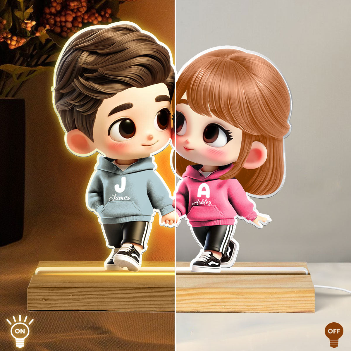 3D Effect Cute Cartoon Couple Holding Hands Personalized LED Night Light, Anniversary &  Gift for him, Gift for her