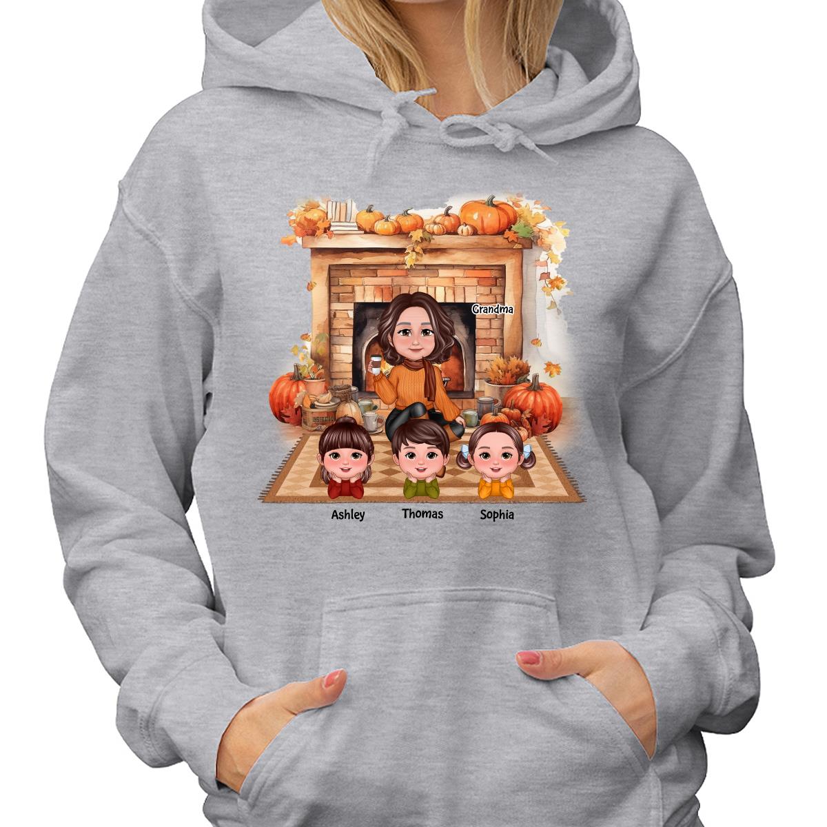 Fall Season Fireplace Grandma Mom Kids Personalized Shirt