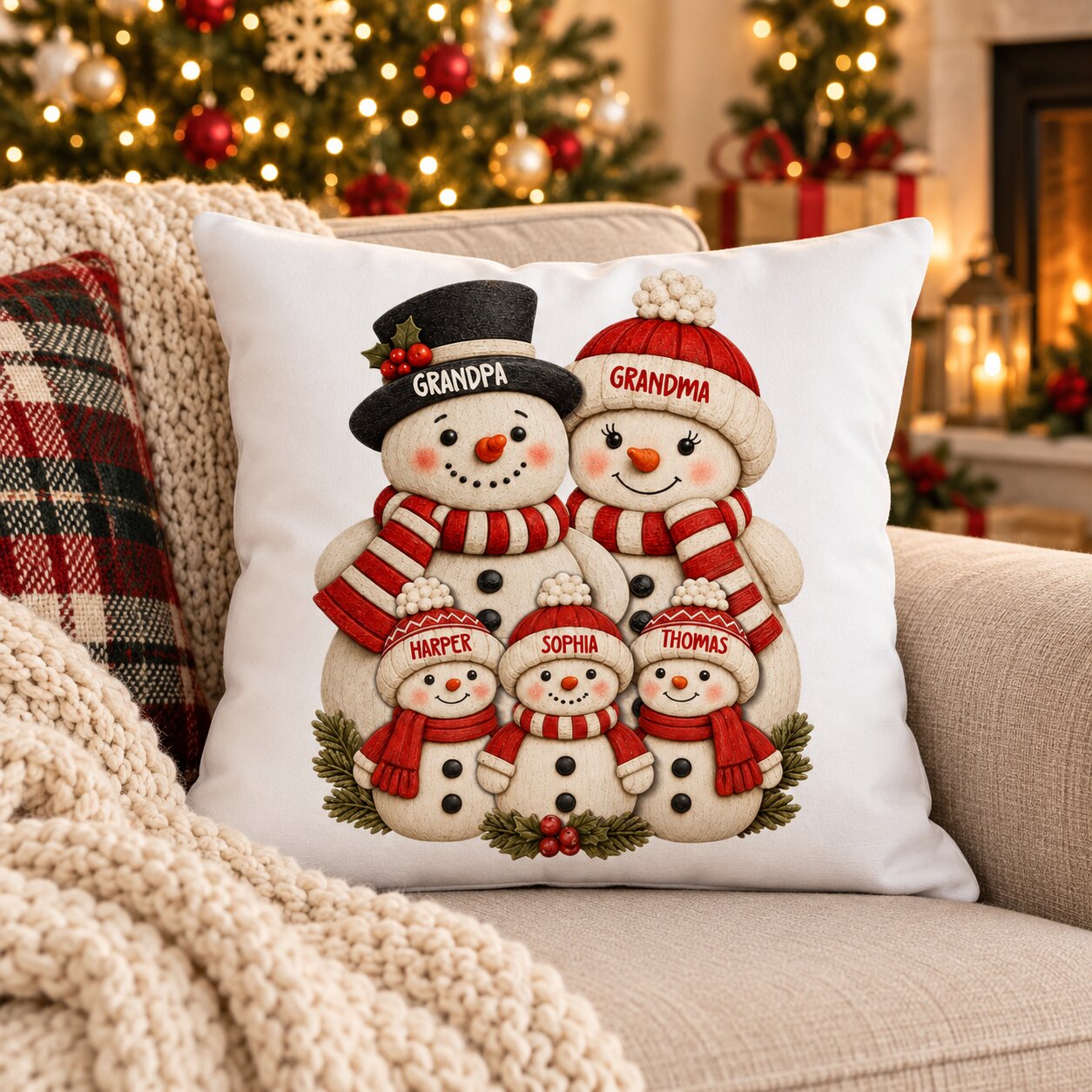 Cute Snowman Grandparents & Grandkids 2D Flat Printed - Personalized Pillow - Christmas Decor For Family, Grandma, Grandpa