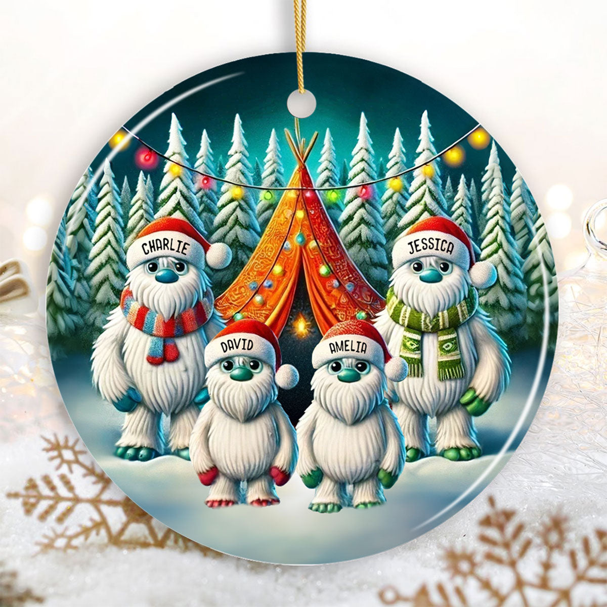 Bigfoot Family Camping Ceramic Ornament, 2024 Funny Whimsical Family Ornament, Christmas Ornament For Camping Family, For Campers