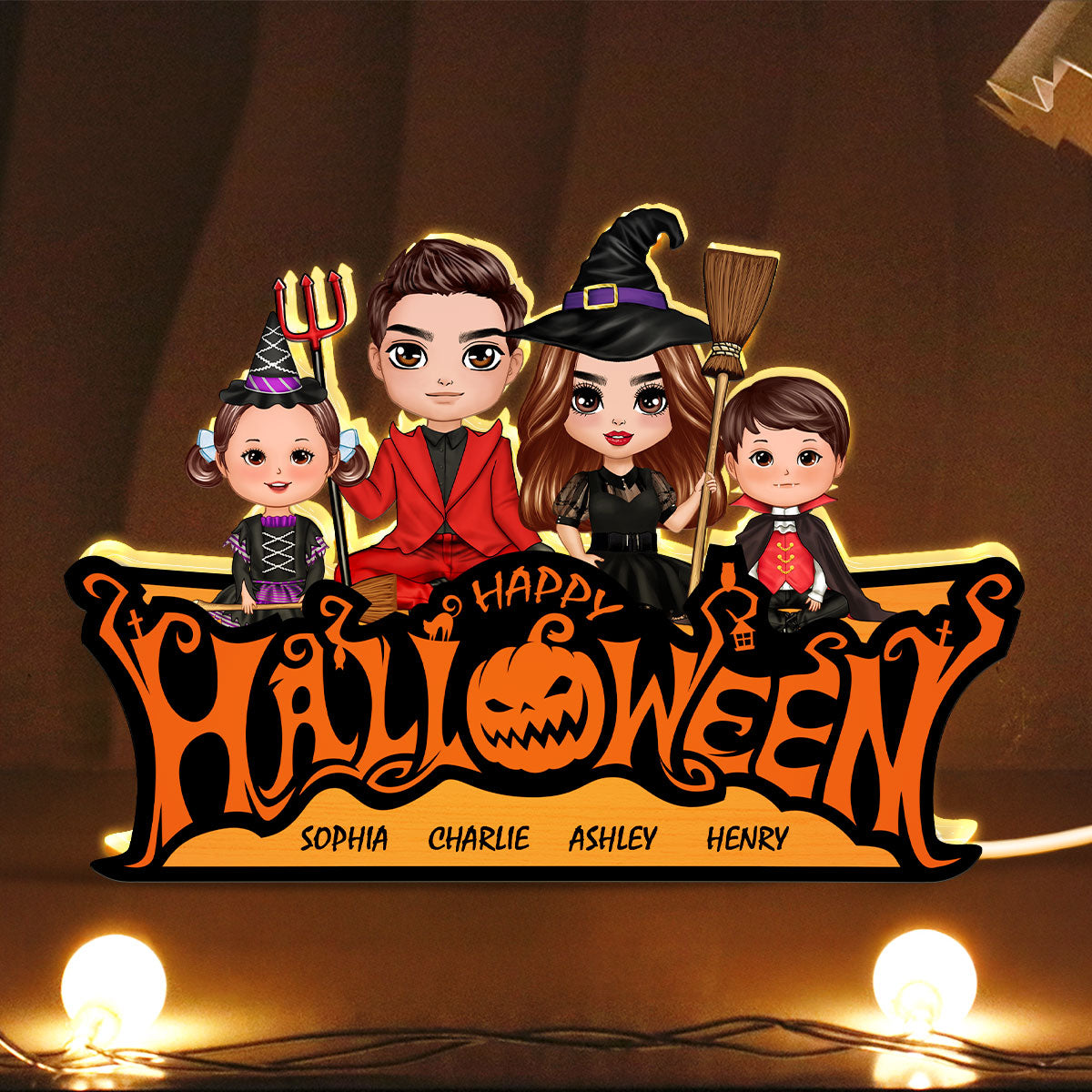 Happy Halloween Jack O Lantern Spooky, Family Sitting Personalized Light Box, Halloween Decor Indoor