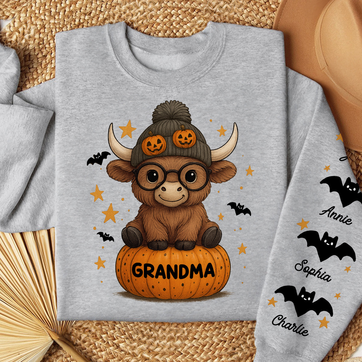 Halloween Highland Cow Grandma Personalized Sleeve Printed Sweatshirt