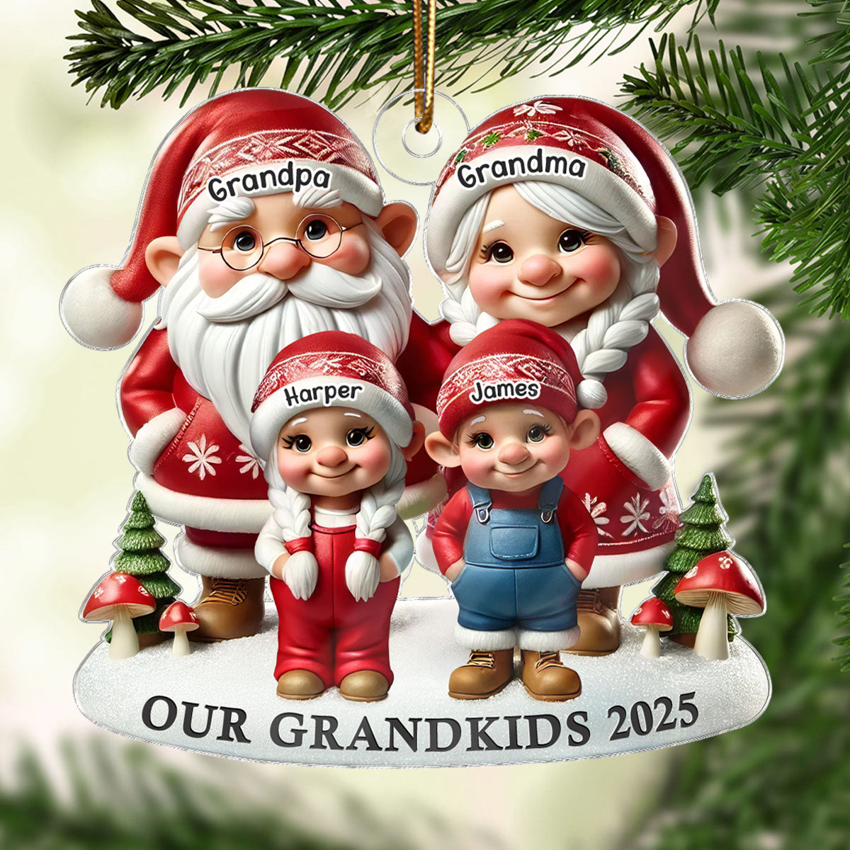 3D Effect Gnome Grandma Grandpa And Grandkids - Personalized Acrylic Ornament - Heartfelt Gift For Grandparents, Grandkids