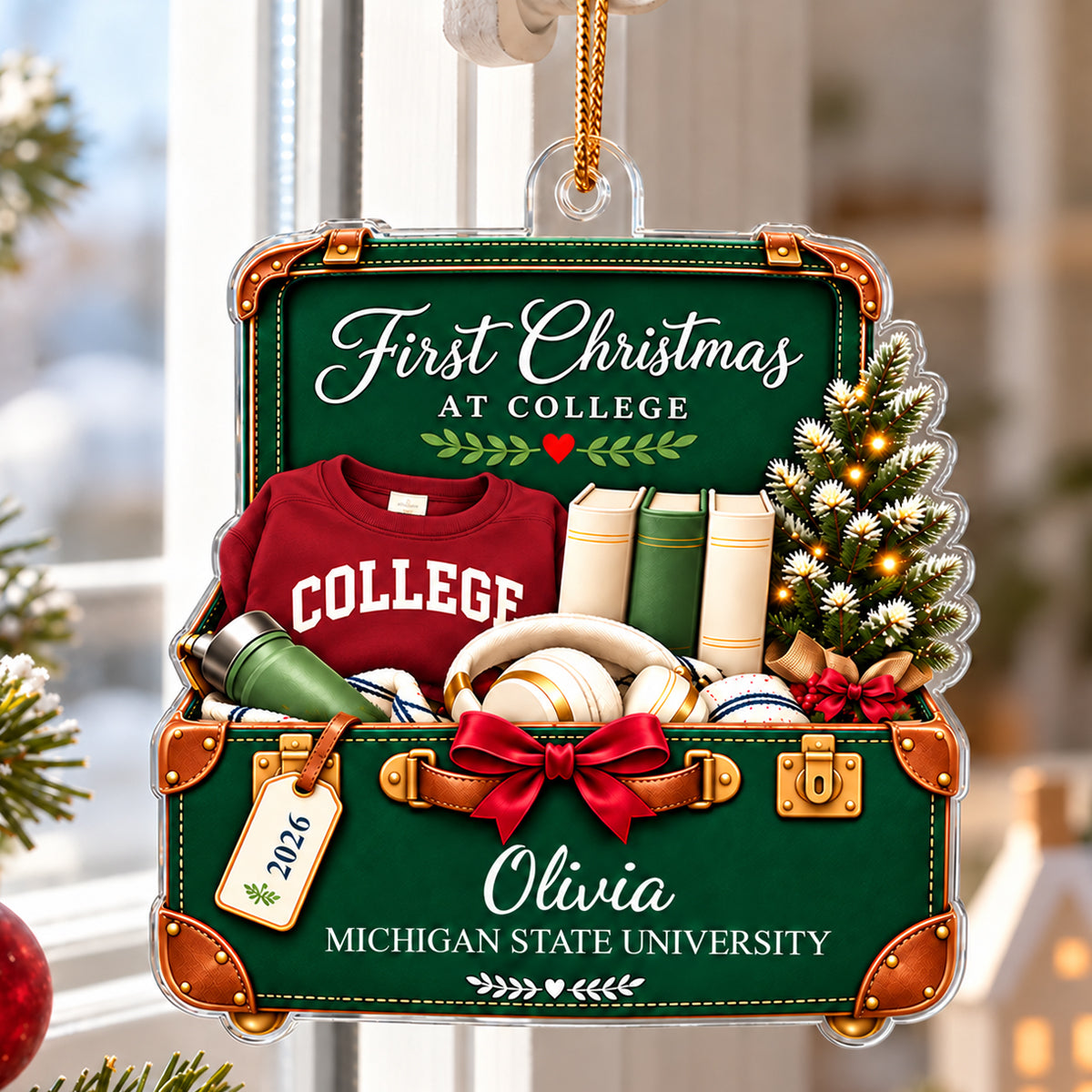 First Christmas at College Suitcase 2D Flat - Personalized Acrylic Ornament – Custom Name & School Christmas Gift for College Freshman