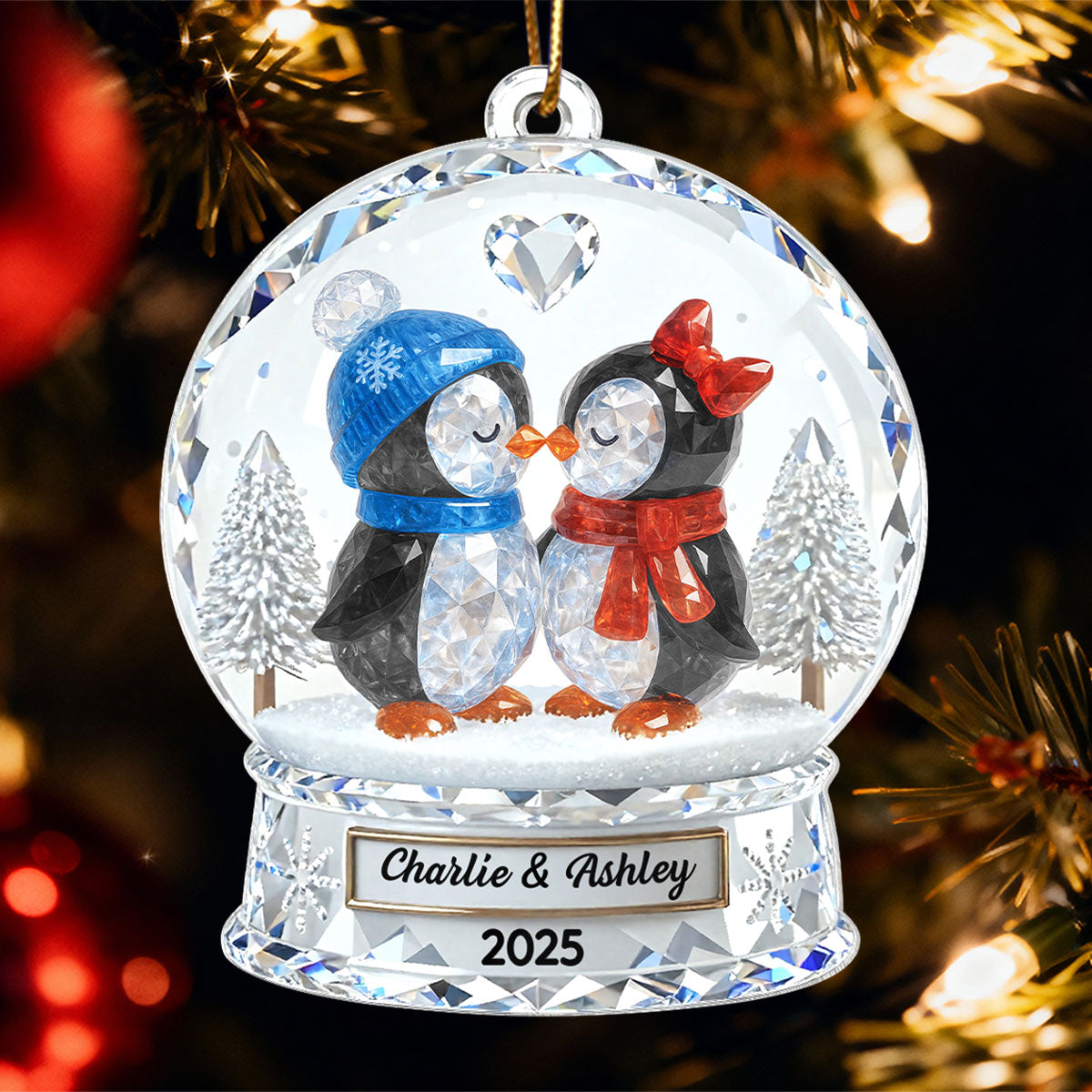 Penguin Couple 3D Crystal Effect - Personalized Acrylic Ornament - Christmas Gift for him, Gift for her