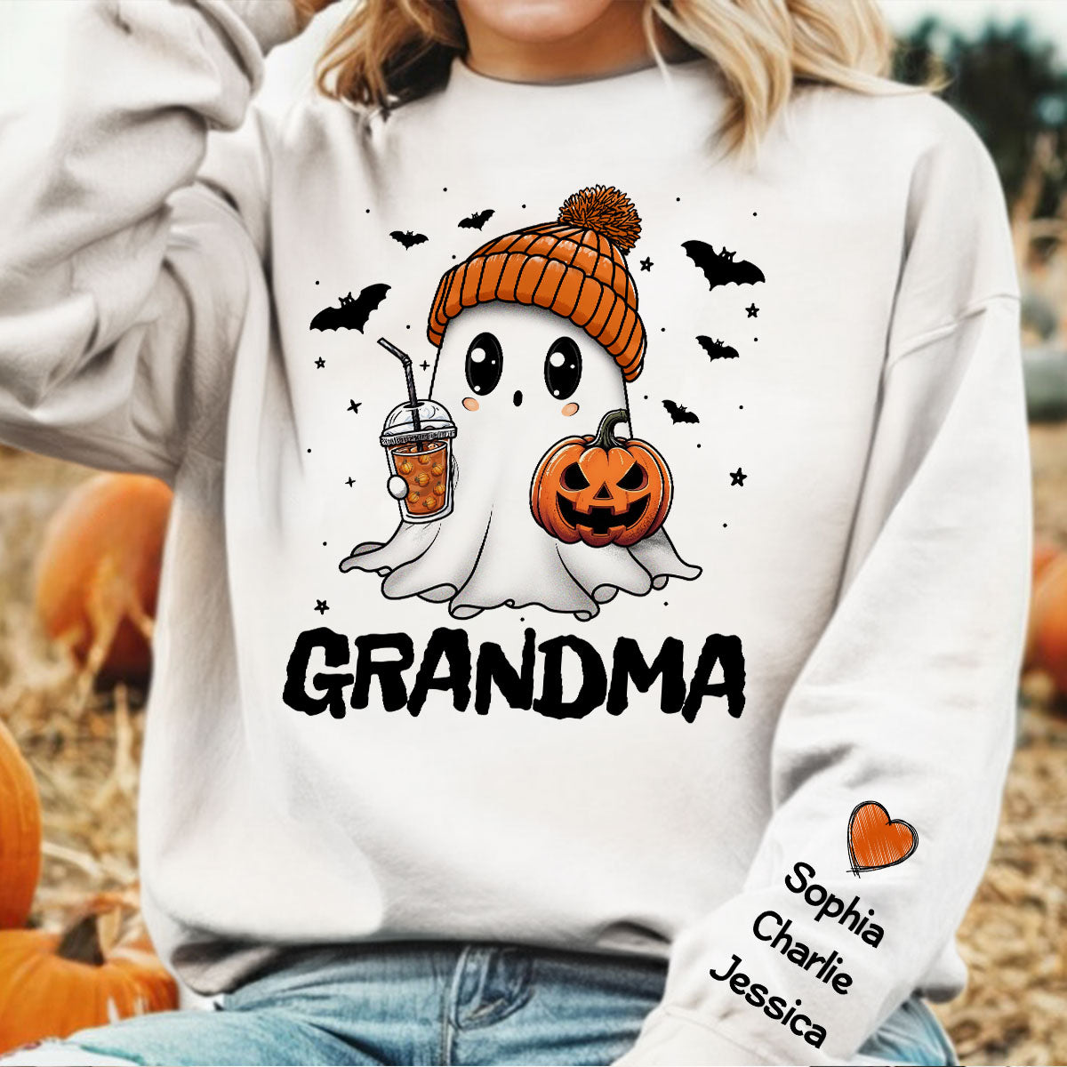 Fall Season Halloween Grandma Boo Personalized Sleeve Printed Sweatshirt, Gift For Grandma