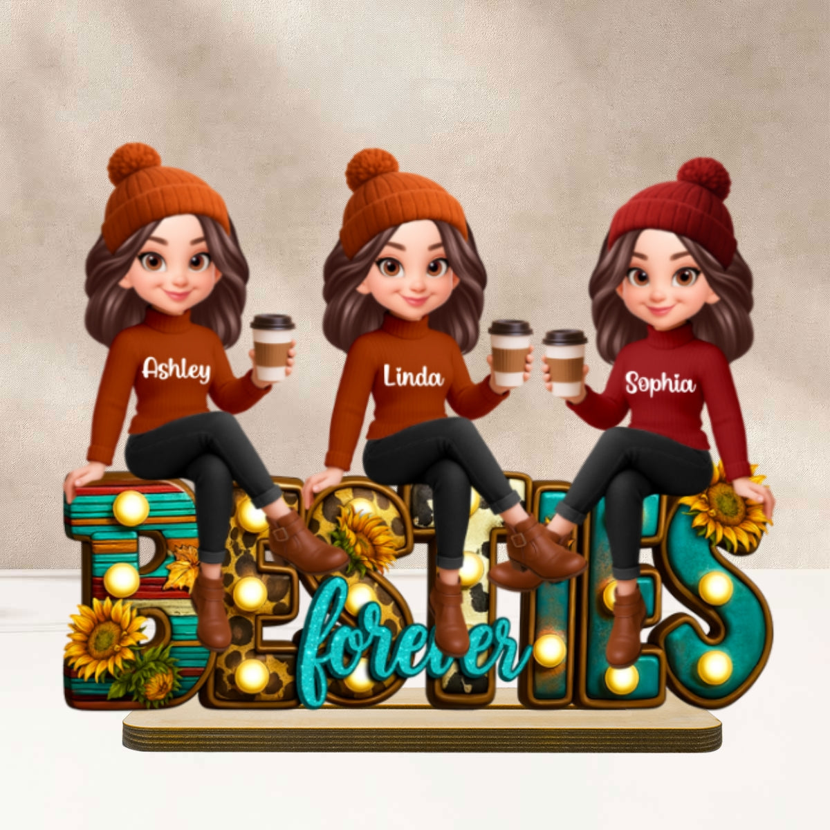 Western Fall Vibe Besties Sitting Personalized Standing Wooden Plaque, Fall Gift for Best Friends