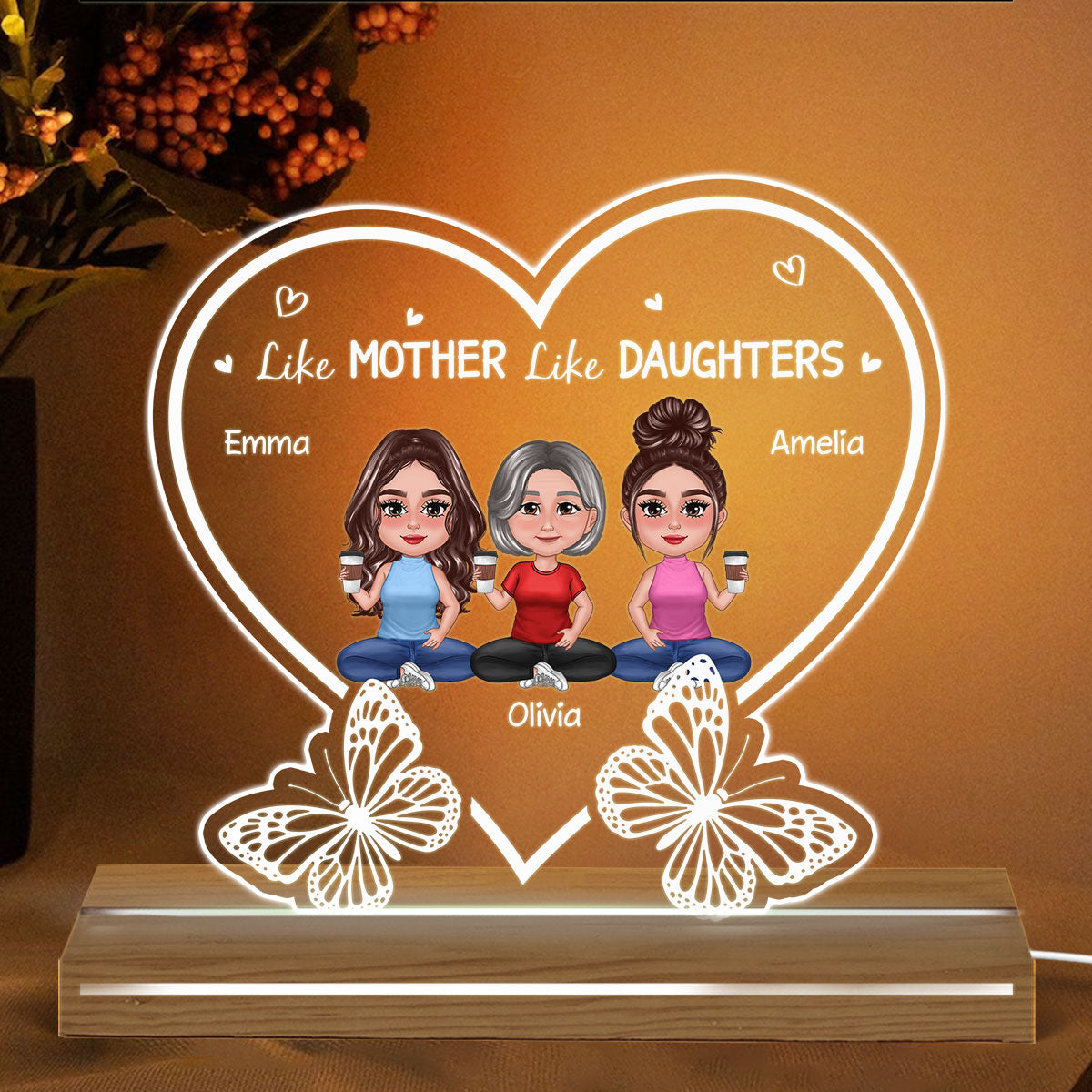 Pretty Doll Mother Daughters With Butterflies Personalized Acrylic Custom Shape LED Night Light