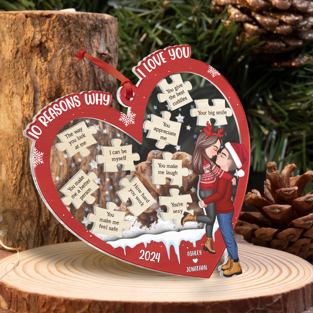 Reasons Why I Love You Christmas Couple Hugging Kissing Personalized Shaker Ornament, Christmas Gift For Her, For Him