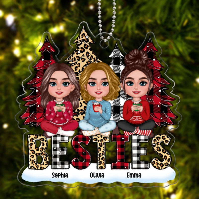 Leopard Checkered Pattern Christmas Tree Besties Sisters Personalized Acrylic Ornament