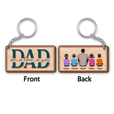 Dad We Love You Retro Red Blue Back View Man & Kids Dog Cat Personalized Wooden Keychain