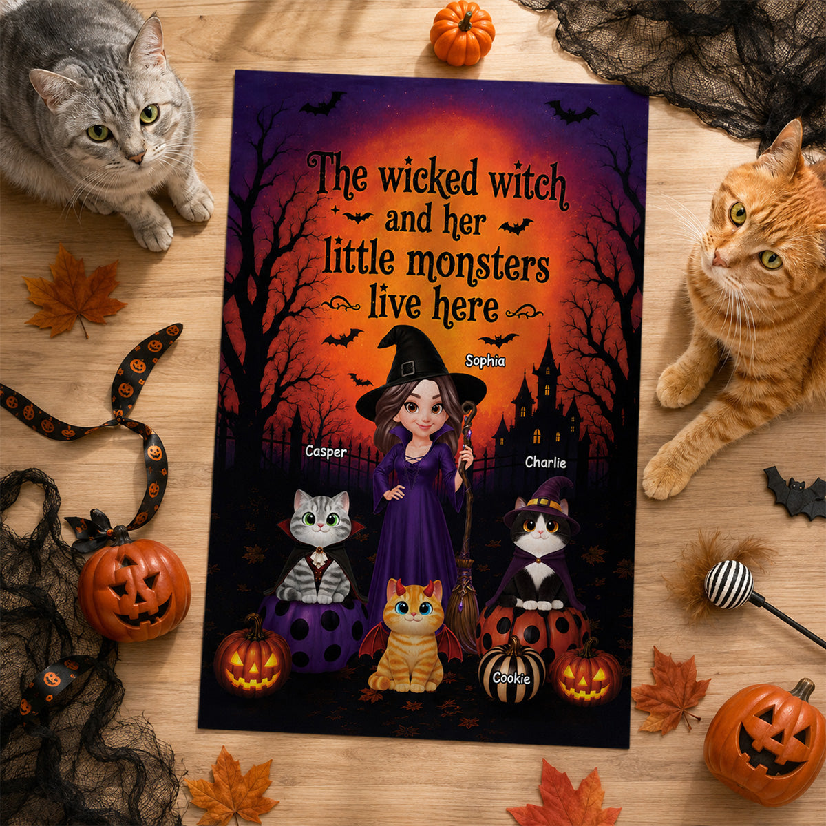 Halloween Wicked Witch And Little Monters Cats - Personalized Garden Flag