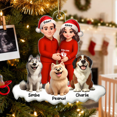 Expecting Parents Christmas Pregnancy Baby Arriving With Dogs - Personalized Acrylic Ornament