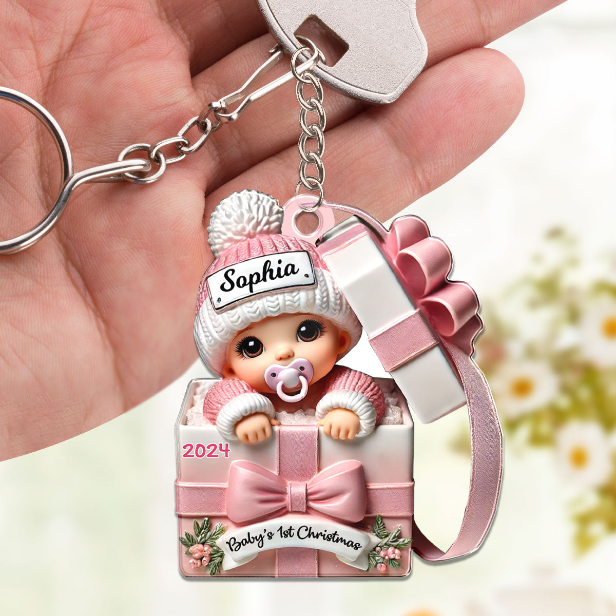 Baby Inside Gift Box Personalized Acrylic Keychain, Lovely Keepsake to Celebrate Baby's First Christmas, 2D Flat Ornament