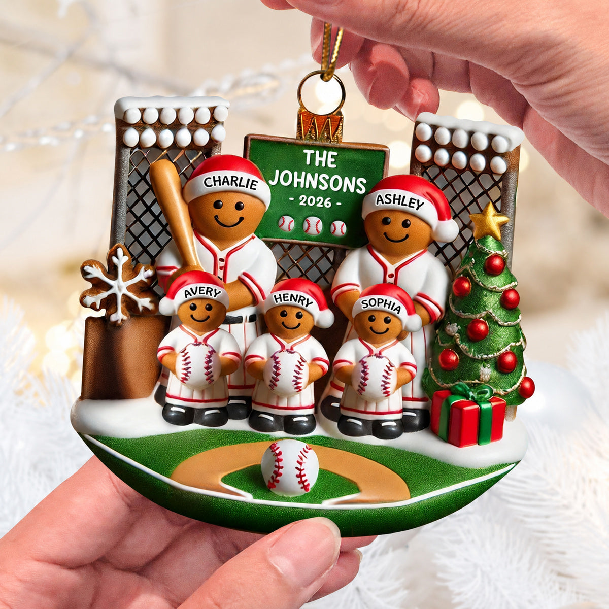 3D Effect Baseball Gingerbread Family On Field Sport Lover - Personalized Acrylic Ornament