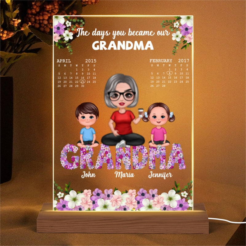 Grandma Grandkids Sitting On Flower Text Calendar Personalized Acrylic LED Night Light