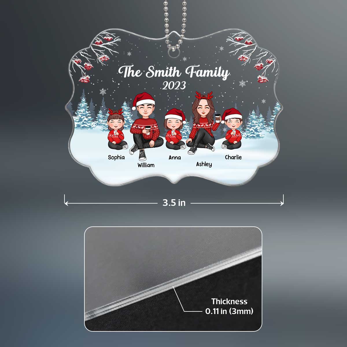 Christmas Berry Tree Cute Family Dad Mom Kids Dogs Cats Sitting In Snow Personalized Acrylic Ornament