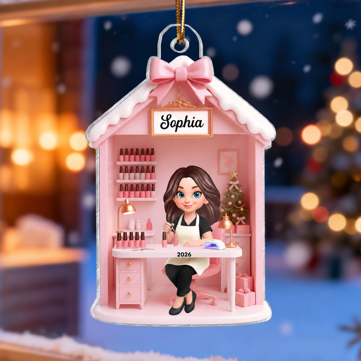 3D Effect Christmas Nail Technician In Salon - Personalized Acrylic Ornament - Gift For Nail Technician, Nails Decor, Beauty Salon, Woman, Girl