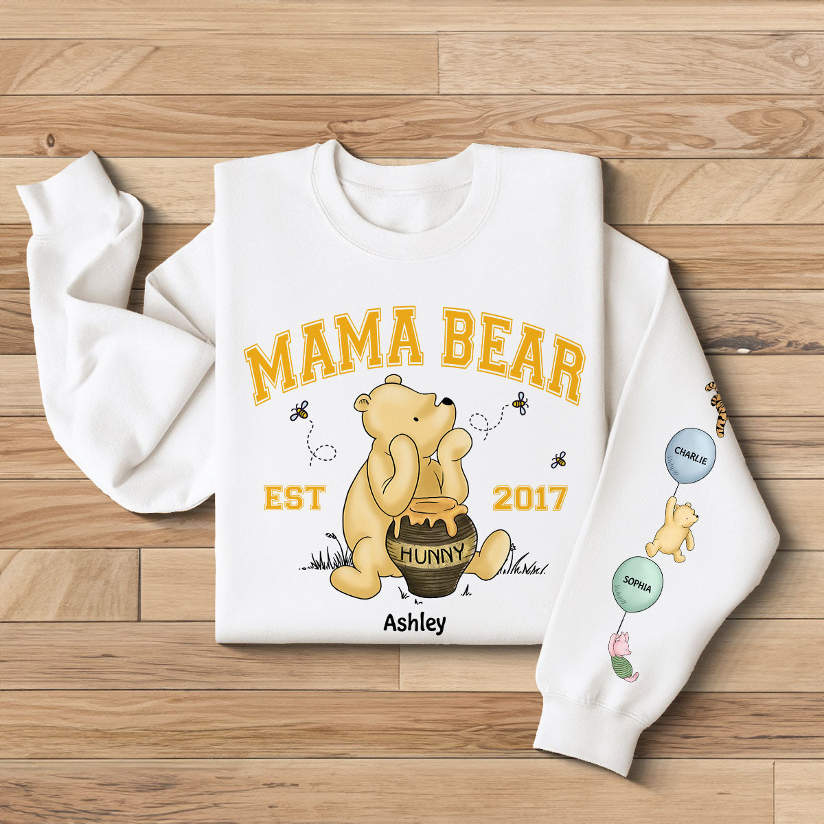 Mama Bear Est. Cute Characters With Balloon Personalized Sleeve Printed Sweatshirt