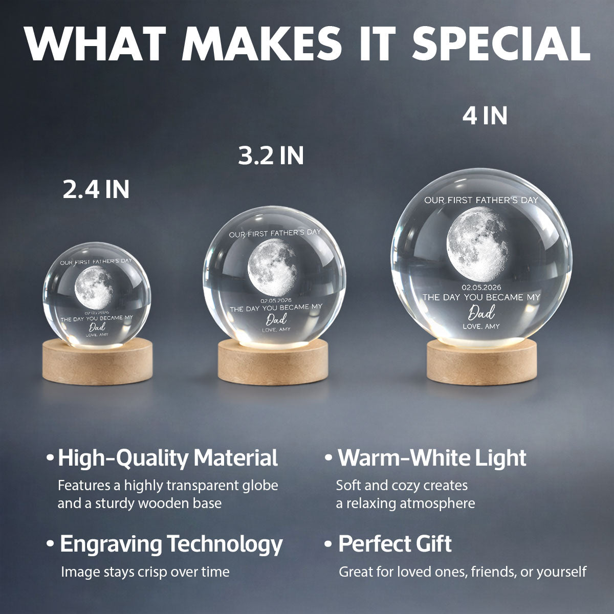 The Day You Became My Dad Custom Moon Phase First Father's Day - Personalized Crystal Ball LED Night Light - First Father's Day Gift For New Dad