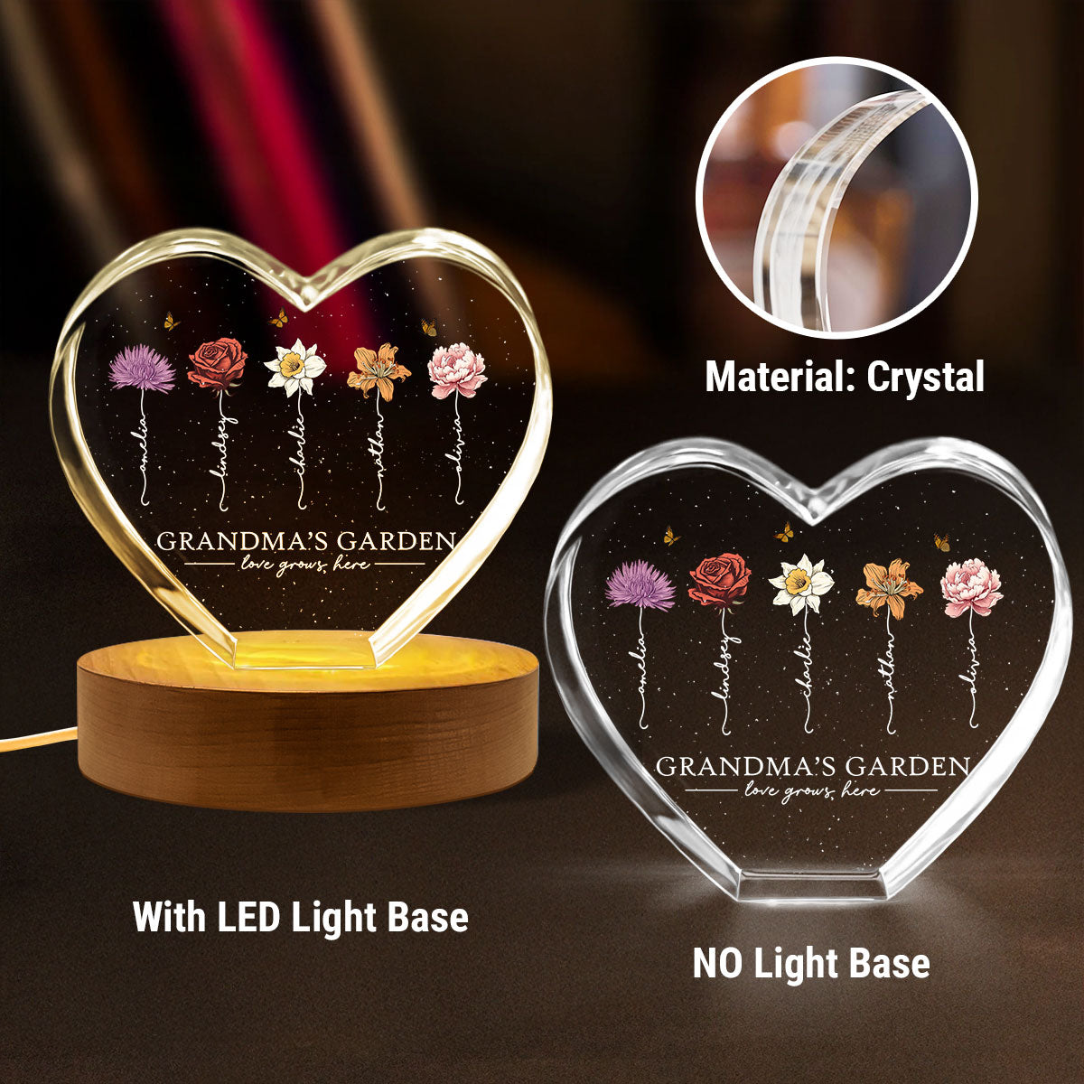 Grandma's Garden Personalized Premium Crystal Heart LED, A Timeless Treasure for Grandma, Free Shipping Included