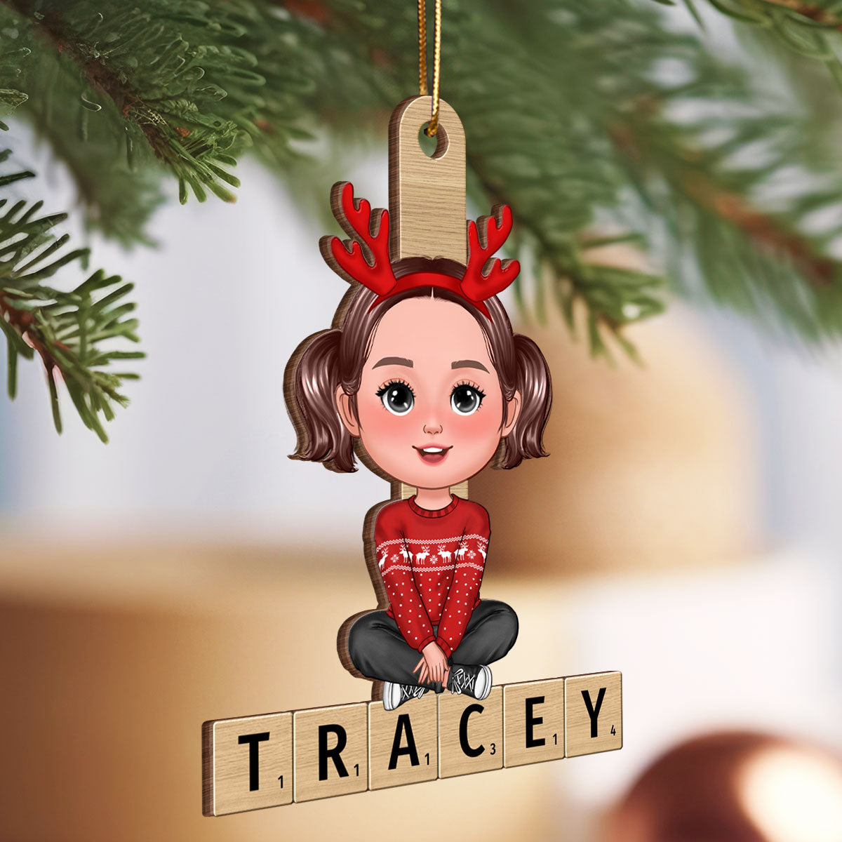 Family Member Sitting On Name Unique Christmas Gift Personalized Wooden Ornament