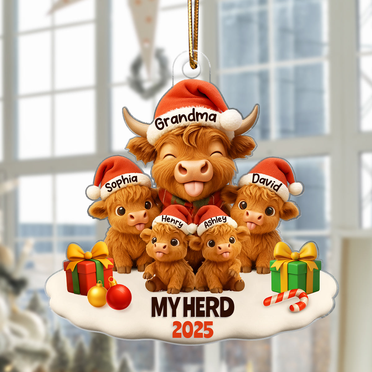 Grandma Grandkids Highland Cow Personalized Acrylic Ornament, Christmas Gift for Grandma, Grandkids