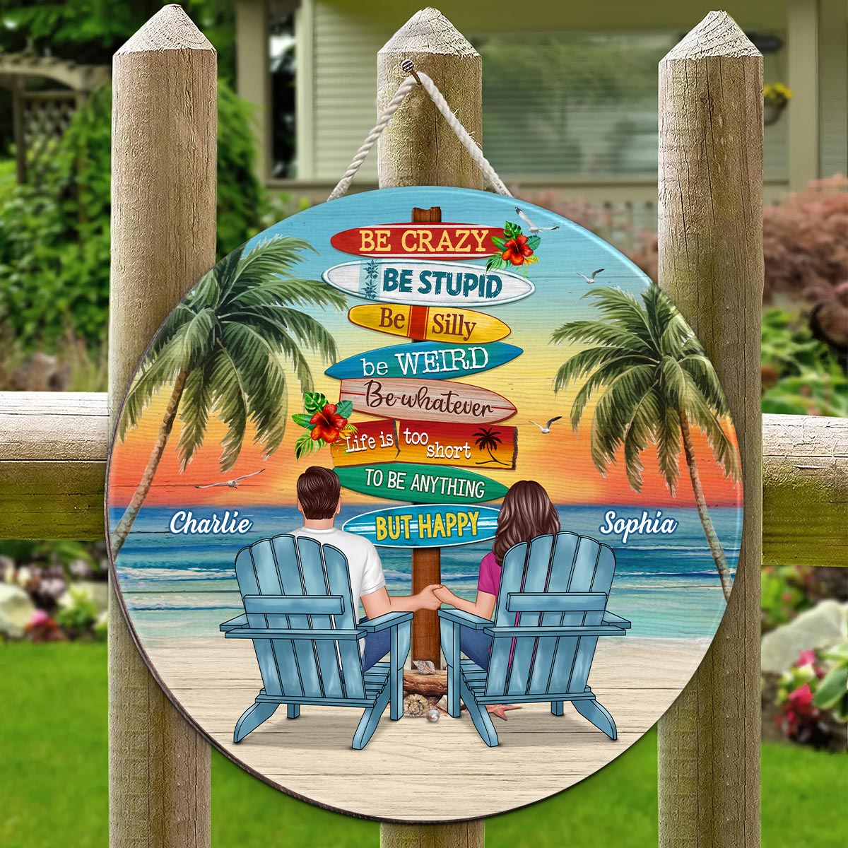 Be Anything But Happy Sitting Couple Personalized Wood Sign