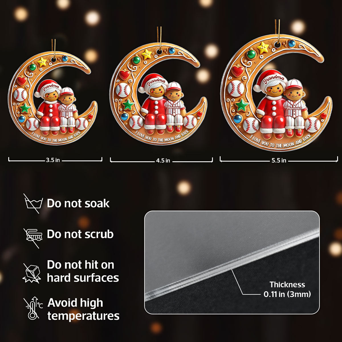 3D Effect Baseball Grandma & Grandkid On The Moon Personalized Acrylic Ornament, Christmas Gift For Grandkids