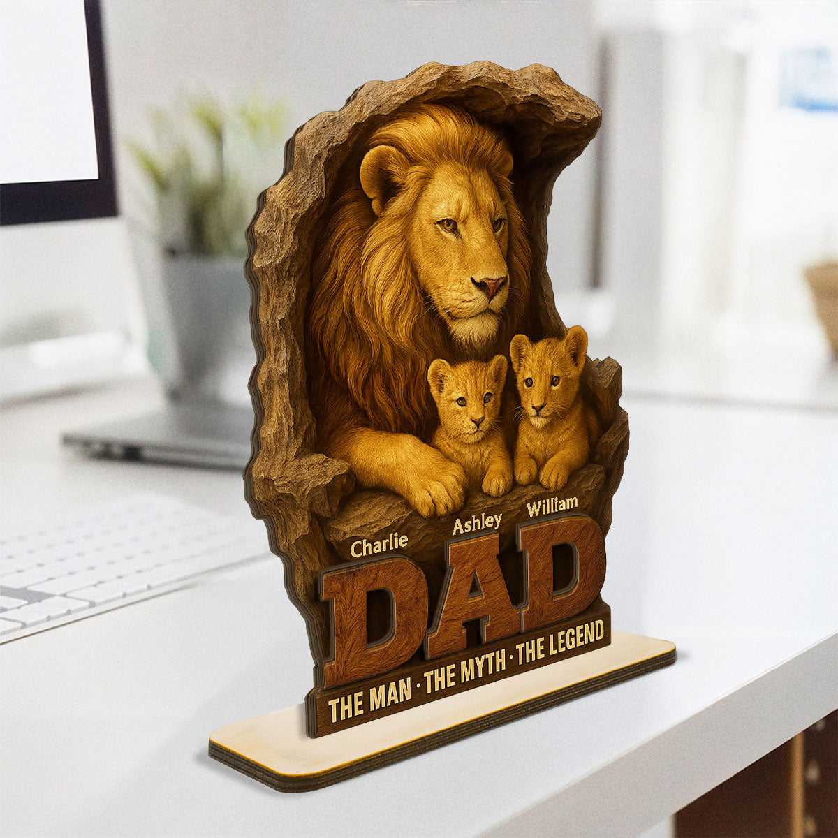 Lion Dad And Kids Personalized 2- Layer Standing Wooden Plaque, Unique Father's Day Gift For Dad