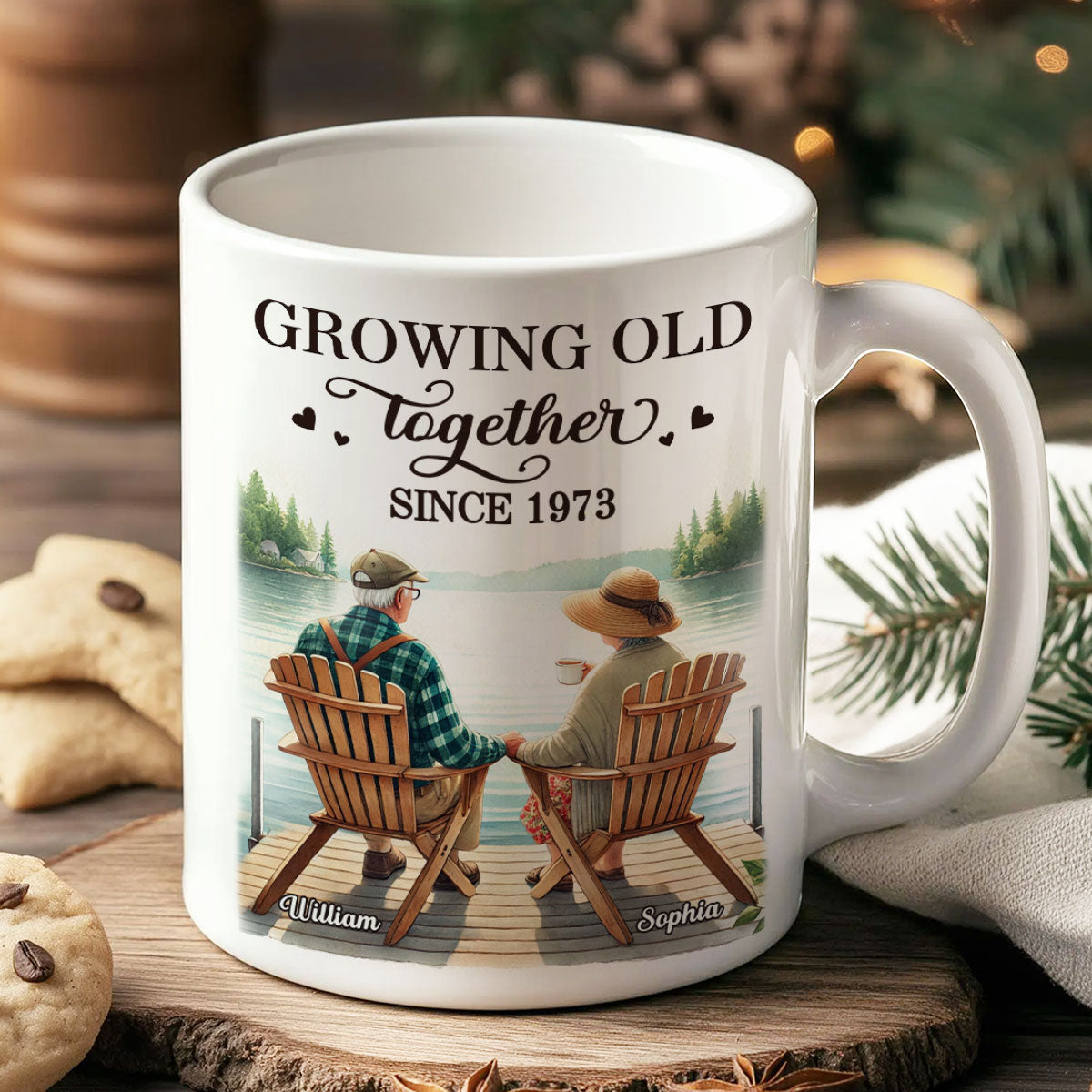 Back View Old Couple Sitting Together On The Lake Dock Personalized Mug, Heartfelt  Gift For Him, For Her, Husband, Wife