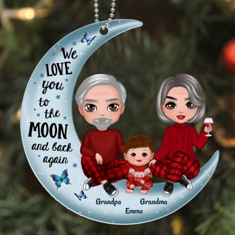 Grandparents & Kid On Moon Baby's First Christmas Acrylic Ornament [Grandparents Nickname Can Be Changed] - Personalized Gift For Grandma, Grandpa