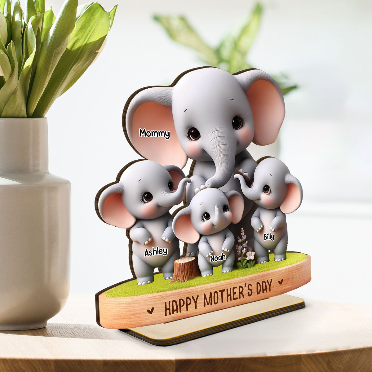 Cute Elephant Mama Grandma With Kids Custom Shaped Personalized Standing Wooden Plaque, Perfect 2025 Gift For Mom, For Grandma