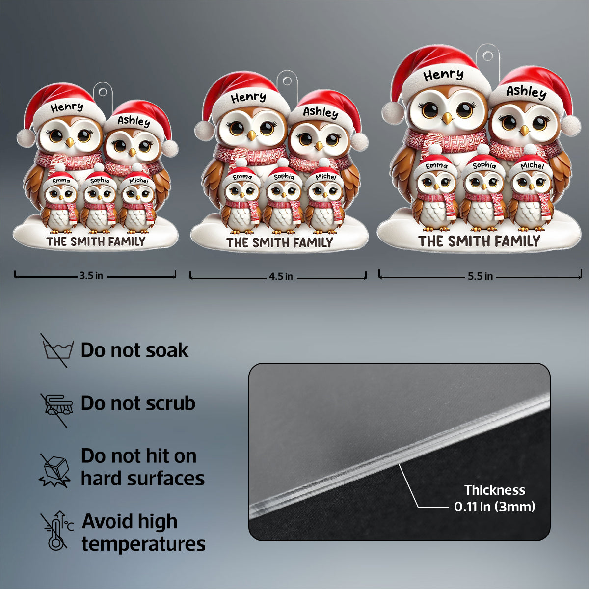 3D Effect Owl Family Christmas Personalized Acrylic Ornament