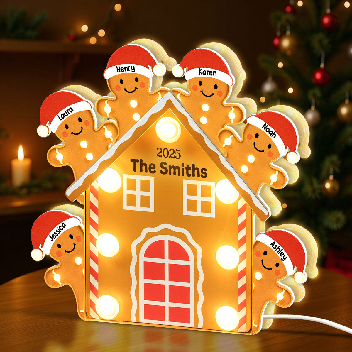 Gingerbread House Family Marquee Effect Personalized LED Light Box, Christmas Decoration