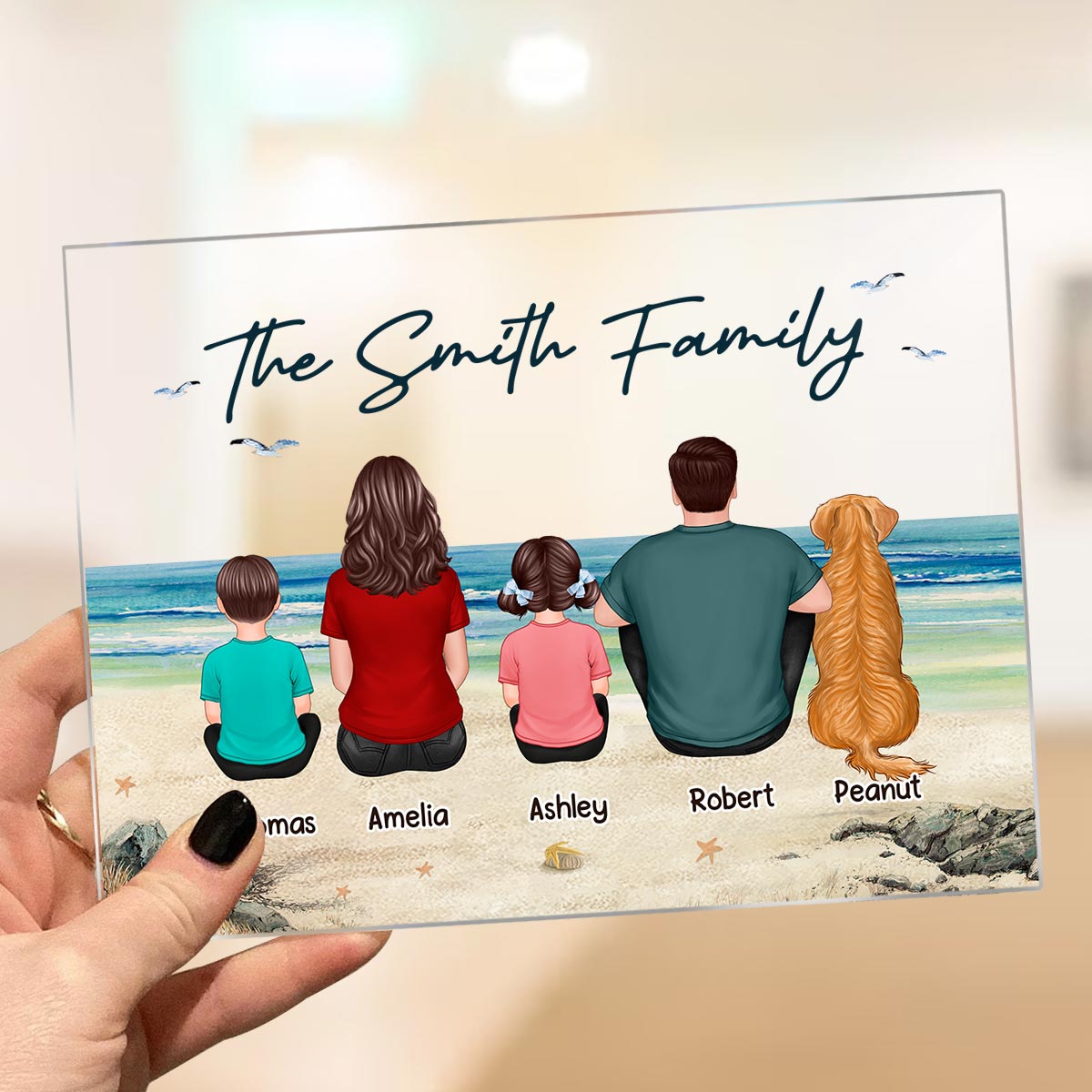 Beach Landscape Whole Back View Family Grandma Grandpa Dad Mom Kids Dogs Cats Sitting Personalized Acrylic Plaque