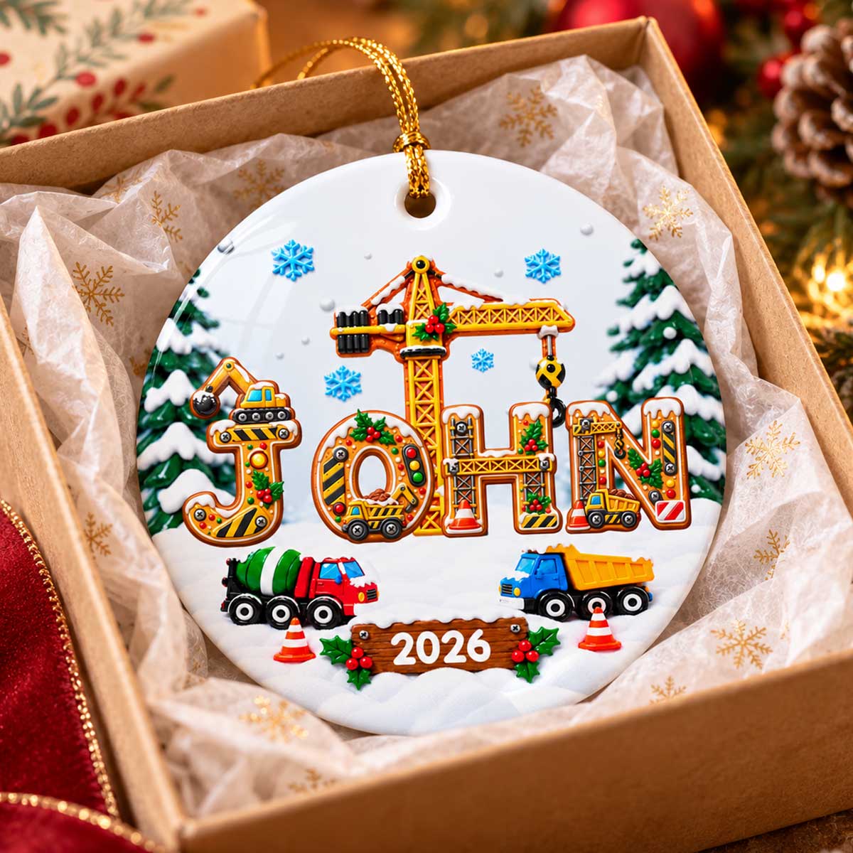 Kids Name Truck Christmas - Personalized Ceramic Ornament - Construction Vehicle Design, Gift For Boy Girl Grandkids