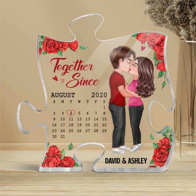 Rose Pattern You Are My Missing Piece Doll Couple Kissing Gift Calendar Anniversary Date Gift For Him For Her Personalized Puzzle Acrylic Plaque