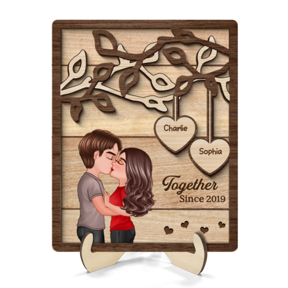 Couple Kissing Under Tree Personalized 2-Layer Rectangle Wooden Plaque