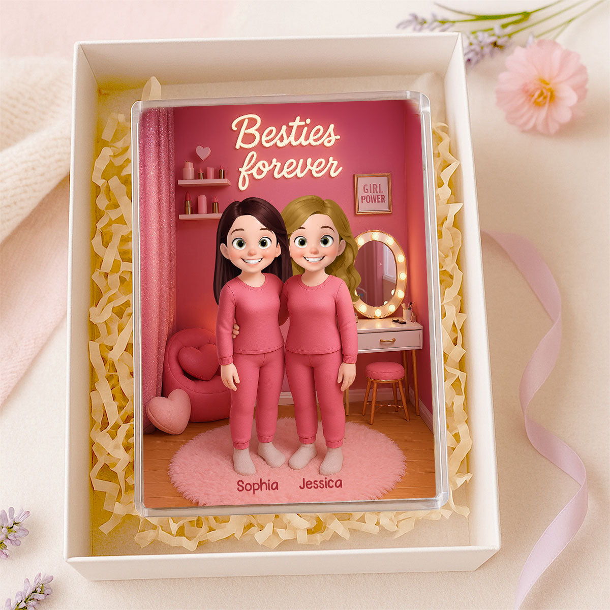 3D Effect Besties Pink Tone Dream Dollhouse Personalized Flat Rectangle Acrylic Block Plaque